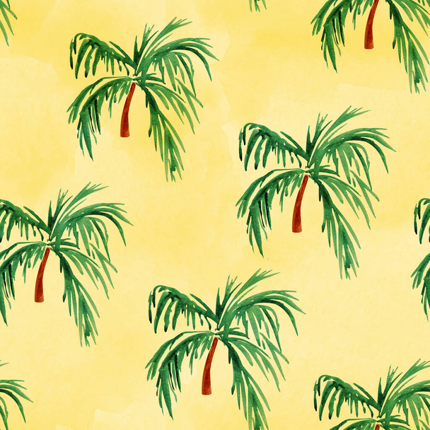 Palm tree watercolor on yellow background seamless patter. Template for decorating designs and illustrations. - Photo, Image