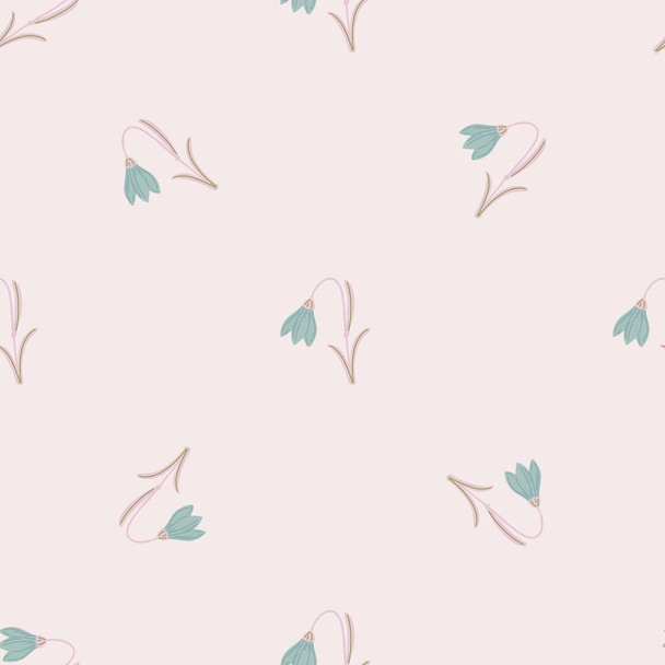 Bloom minimalistic seamless pattern with blue harebell ornament. Pastel light pink background. Simple style. Flat vector print for textile, fabric, giftwrap, wallpapers. Endless illustration. - Vettoriali, immagini