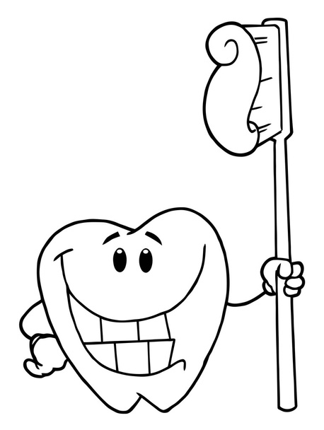 Обрисованный персонаж зуба, держащий зубную щетку с пастой
 - Фото, изображение