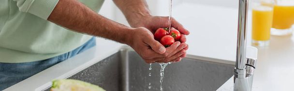 częściowy widok człowieka mycie wesołych pomidorów w kuchni, baner - Zdjęcie, obraz