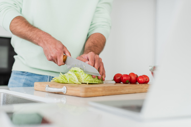cropped view of man cutting lettuce near cherry tomatoes on blurred foreground - Foto, afbeelding