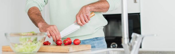 cropped view of man cutting cherry tomatoes on blurred foreground, banner - Фото, изображение