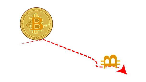 Bitcoin price has dropped. Red down arrow. Departure BTC. Bitcoin fell. Cryptocurrency trading crisis. Horizontally. Bitcoin coin, unpredictable market, price fell - Vector, Image