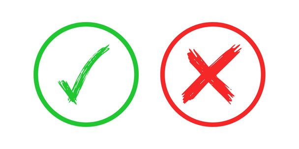 Éléments de contrôle et de signe croisé dessinés à la main isolés sur fond blanc. Grunge doodle vert coche OK et rouge X dans les icônes cercle. Illustration vectorielle - Vecteur, image