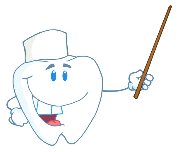 Carácter dental sonriente sosteniendo un puntero
 - Foto, Imagen