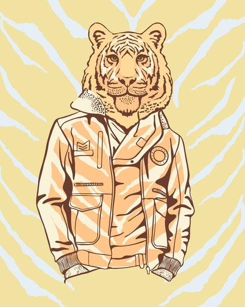 Fashionable tiger in a jacket. Greeting card for New Year of the Tiger 2022, tiger freehand drawing. Illustration for printing on T-shirts, textiles and souvenirs. - Vector, Image