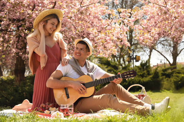 Happy couple with guitar having picnic in park on sunny day - Foto, afbeelding
