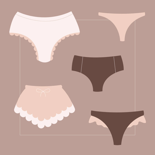 Panties collection flat illustration. Lingerie, female clothing, underwear. Trendy fashion concept. Can be used for topics like intimacy, style, undergarment - Вектор, зображення