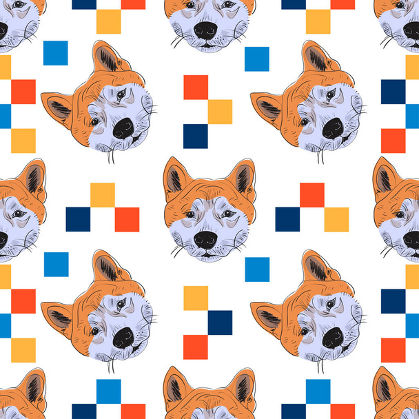 Shiba inu seamless pattern with colored pexels. Hand drawn head dog seamless pattern on white background. Vector - Wektor, obraz