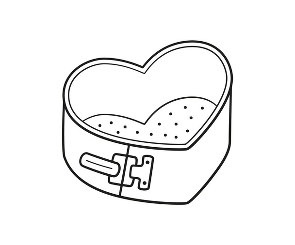 Съемная выпечка блюдо в форме сердца со съемным дном. Ручная сковорода для кексов с антипригарным покрытием. Векторная иллюстрация в стиле каракулей на белом фоне - Вектор,изображение