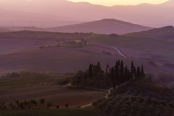 Una vista su un bellissimo campo collinare toscano nella luce dorata del mattino con un casale di cipressi e balle di fieno in Italia. Val dOrcia - Foto, immagini
