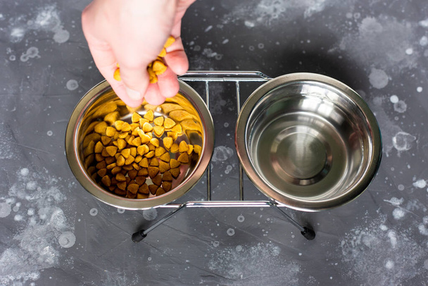 Hand pouring dry food into a steel bowl for cattle. Feeding your pet. - Photo, Image