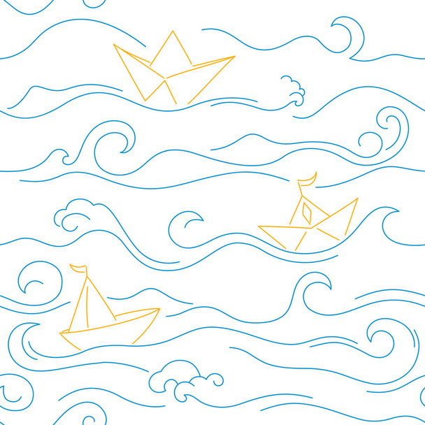 Sketch background with blue waves and paper ships. Seamless pattern illustration of ocean surf wave. - Vektor, kép