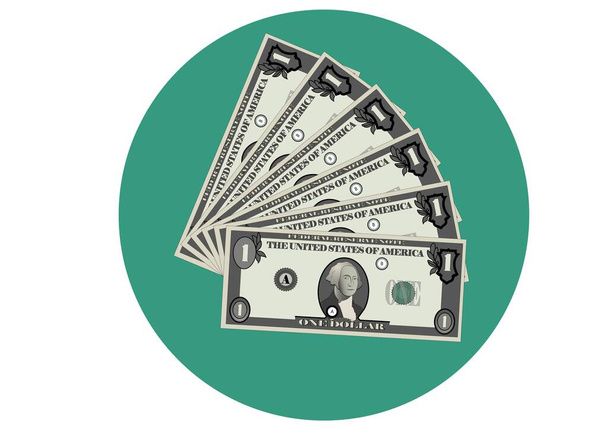 Кучка долларовых купюр на зеленом круге - Вектор,изображение