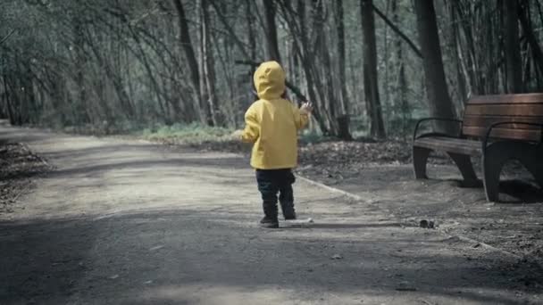 A criança pequena está correndo na floresta assustadora escura. Ele está usando capa amarela com capuz - Filmagem, Vídeo