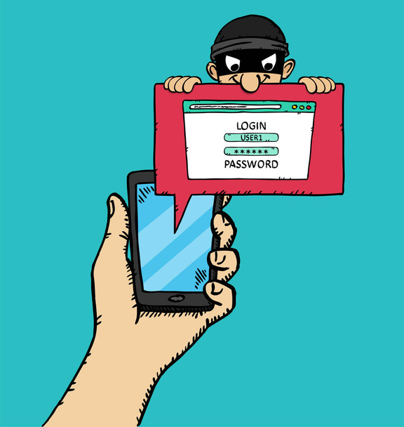 Colorful, doodle style vector illustration of hand holding smartphone and masked hacker spying on user login and password webpage. The hacker wants to steal private data. - Vector, Image