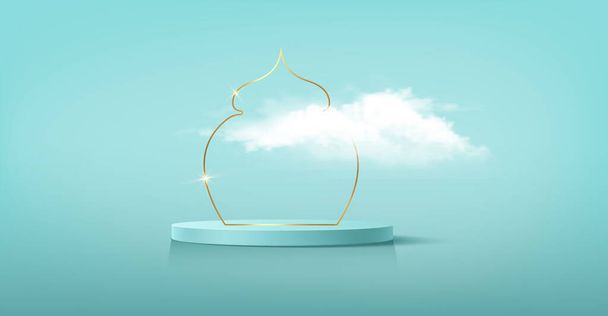 Luxe Islamitisch Podium met goud traditioneel islamitisch raam met pluizige wolk. 3D Horizontale Arabische Banner voor product showcase, Productpresentatie, cosmetische, basis, ramadan verkoop, blauwe achtergrond - Vector, afbeelding