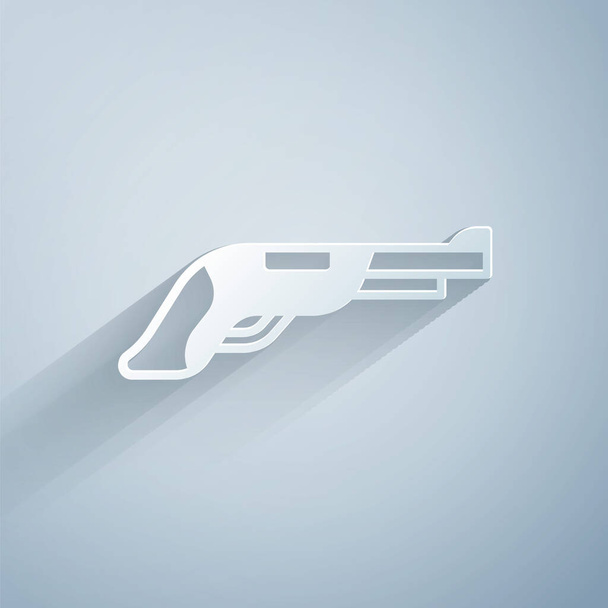 Paper cut Vintage pistol icon isolated on grey background. Ancient weapon. Paper art style. Vector - Вектор,изображение