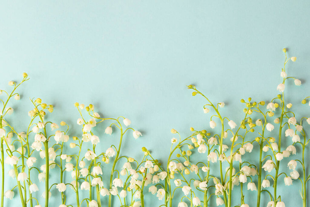Fondo azul limpio con lirios del valles. Hermoso marco de primavera de flores frescas. Espacio de copia para texto o diseño.. - Foto, Imagen