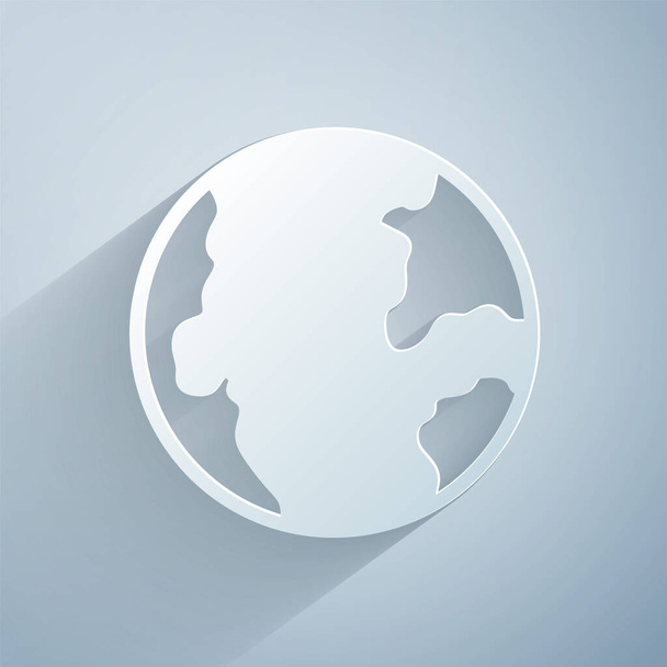 Papír řez Země globus ikona izolované na šedém pozadí. Světová nebo pozemská značka. Globální internetový symbol. Geometrické tvary. Papírový styl. Vektor - Vektor, obrázek
