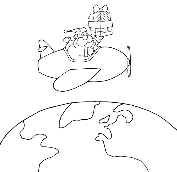 Weihnachtsmann hält einen Stapel in die Höhe, der um die Erde fliegt - Foto, Bild