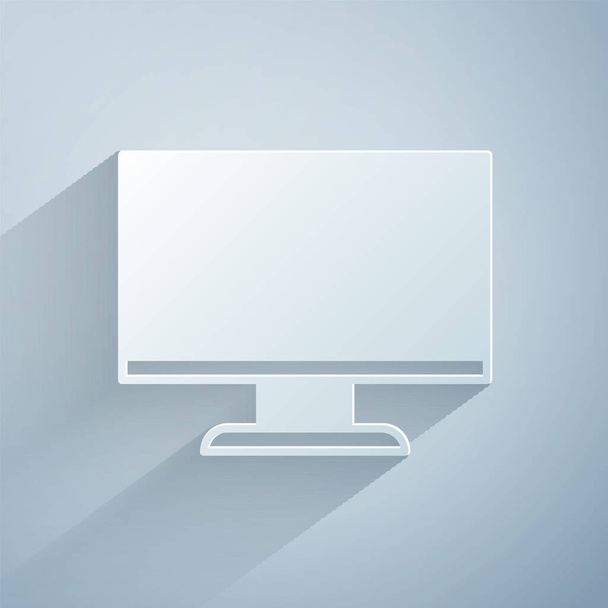 Иконка экрана монитора компьютера изолирована на сером фоне. Электронное устройство. Вид спереди. Бумажный стиль. Вектор - Вектор,изображение