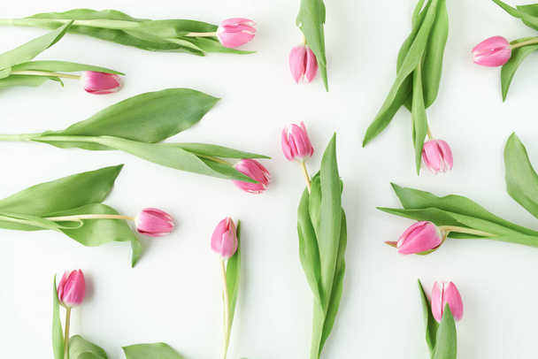 spring flat lay with tulips on table. - Photo, Image