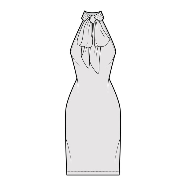 Vestido cuello arco técnica moda ilustración con halter escote, sin mangas, cuerpo ajustado, longitud de rodilla lápiz falda - Vector, imagen