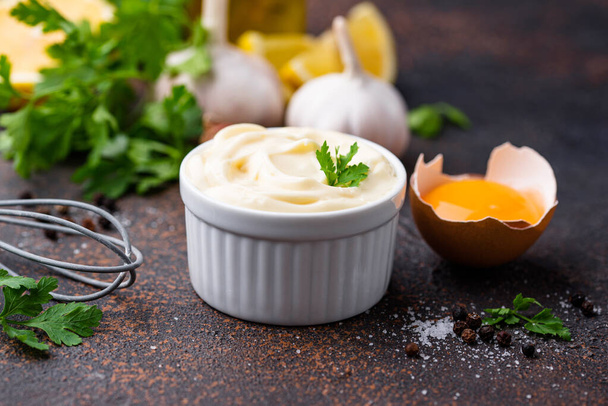 Homemade mayonnaise sauce with ingredient - Photo, Image