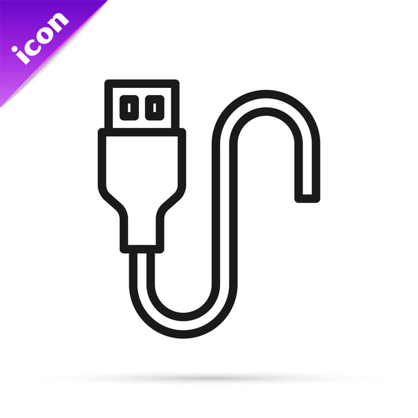 Black line USB cable cord icon isolated on white background. Connectors and sockets for PC and mobile devices.  Vector - Vector, Image