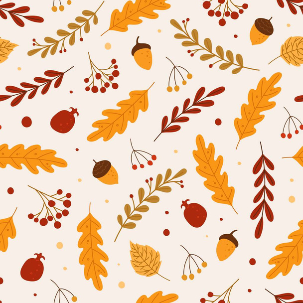 Podzimní plynulý vzor. Červené nebo žluté suché spadané listy, žaludy, bobule. Ručně kreslené listí a podzim lesní přírodní prvky vektor pozadí - Vektor, obrázek