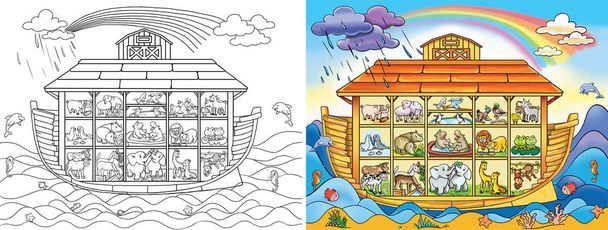 Noé bárkája és állatai. Két vadállat. Mentés az árvízből. Nagy ősi hajó a Bibliából. Bibliai frigyláda. szín és vázolt színező oldal. - Fotó, kép