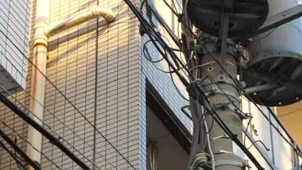 A nagy transzformátorok az elektromos oszlopokon Tokióban Japánban - Felvétel, videó