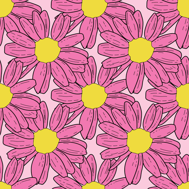 Vector sweet baby pink background pink daisy flowers and wild flowers. Seamless pattern background - Vector, Image
