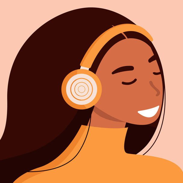 Platte vector cartoon illustratie van een lachende vrouw luisteren naar muziek met een grote hoofdtelefoon. Het concept van muziektherapie. - Vector, afbeelding