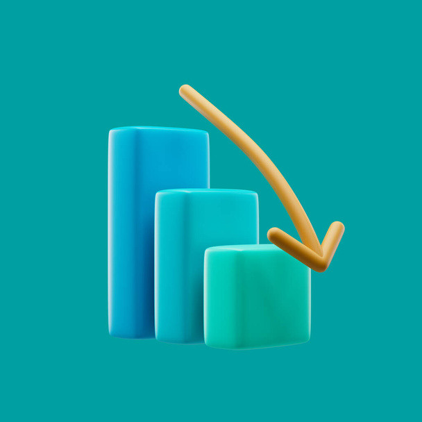 Graph icon with down arrow and colorful rectangles simple 3d render illustration on pastel background. - Photo, Image