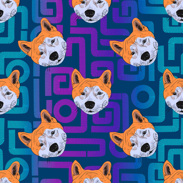Shiba inu seamless pattern on background geometric shapes of a maze bar-striped lines. Hand drawn head dog seamless pattern on textured background. Vector - Vektör, Görsel