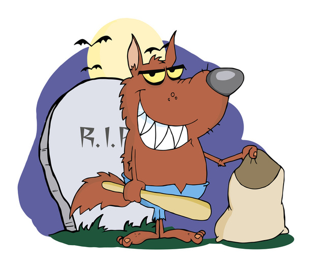 wilkołak trzyma bat i Cukierek albo psikus worek przez nagrobek - Zdjęcie, obraz