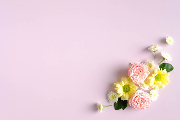 Floral composition on pink background. Happy Mother's Day, Birthday, anniversary concept. - Foto, afbeelding