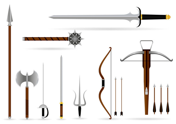 zestaw realistyczny miecz wojownika lub krzyż miecze tarcza lub topór miecz kreskówka tarcza koncepcja. Wektor eps - Wektor, obraz
