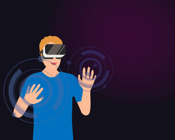 Young man wearing virtual reality glasses. Smiling man using VR goggles headset to move object. Vector illustration design. - Vector, Image