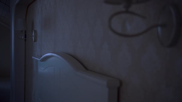 V tmavé ložnici muž rozsvítí lampu vedle hlavy postele. - Záběry, video