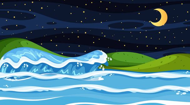 Beach landscape at night scene with ocean wave illustration - Vector, Image