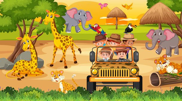 Safari al atardecer con muchos niños viendo ilustraciones de animales - Vector, imagen