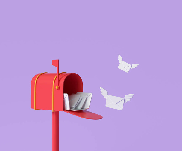 3D červená poštovní schránka s letící obálkou, poštovním doručením a konceptem bulletinu. 3D vykreslení ilustrace - Fotografie, Obrázek