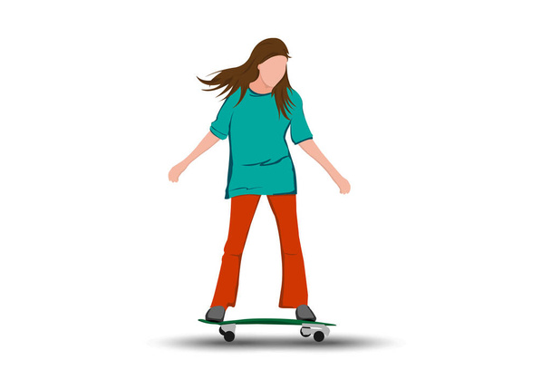 векторне зображення дівчина мультфільм персонаж їде скейтборд або серфінг скейт ілюстрація білий фон
 - Вектор, зображення
