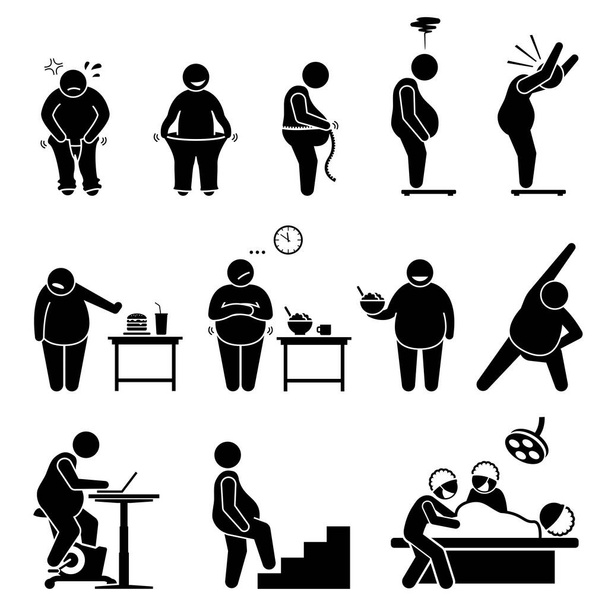 Fat man weight loss exercise diet and healthy lifestyle to become slimmer. Vector illustrations depict an obese man on weight scale, wearing pants, eating healthy diet, and exercising.  - Vector, Image