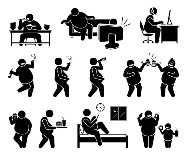 Grubas prowadzący niezdrowy tryb życia. Wektorowe ilustracje otyłych mężczyzn przejedzających, siedzących, nieaktywnych, pijących piwo alkoholowe, palących papierosy, jedzących niezdrowe jedzenie i śpiących do późna. - Wektor, obraz