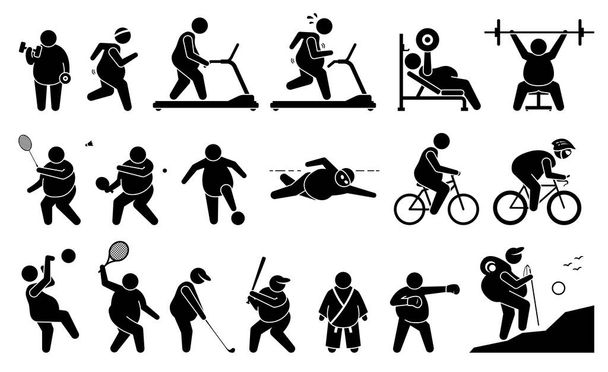 Grasso uomo esercizio in palestra e praticare sport per la perdita di peso, fitness, e stile di vita attivo. Illustrazioni vettoriali raffigurano l'uomo obeso che esercita, allena e gioca  - Vettoriali, immagini