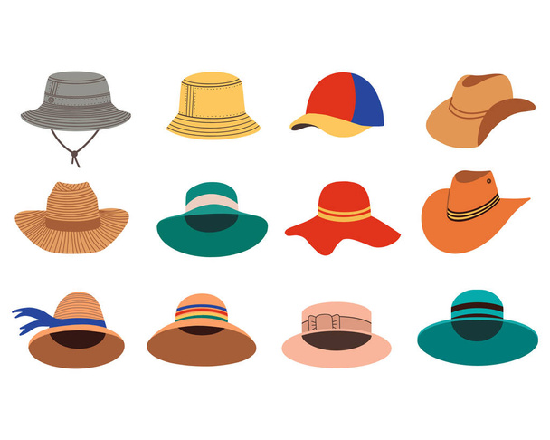 Un juego de sombreros de verano para mujeres. Sombreros de verano y primavera. Ilustración plana vectorial - Vector, imagen